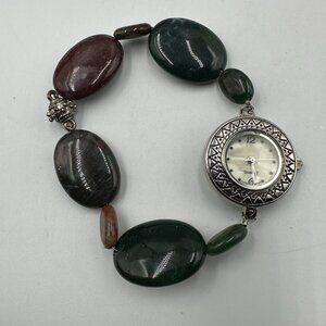 Beaded Band Watch Women Silver Tone Green Stones Magnetic Clasp New Battery